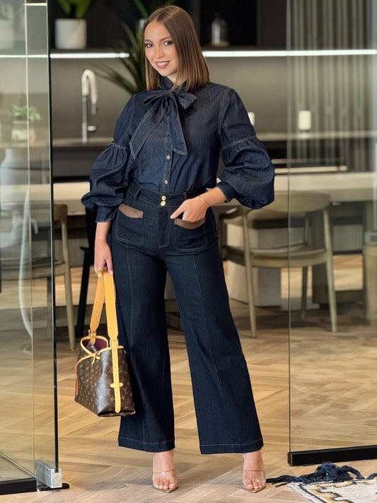 Juliet Dark Denim/Brown Leather Pocket Jeans