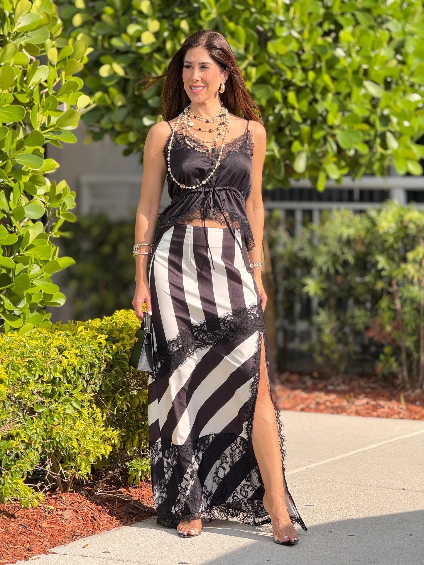 Elizabeth Black/White Lines & Lace Skirt Set