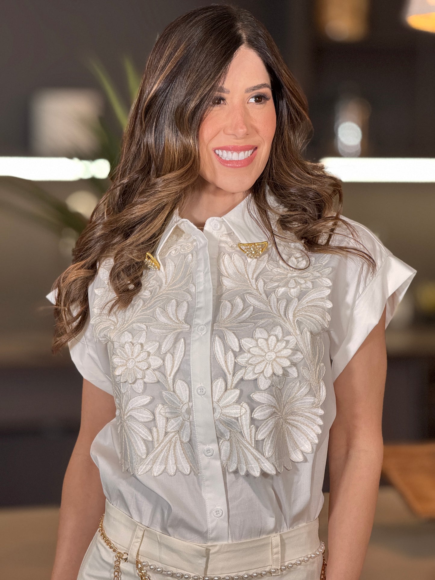 Pastel Ivory Embellished Torchon Shirt Top