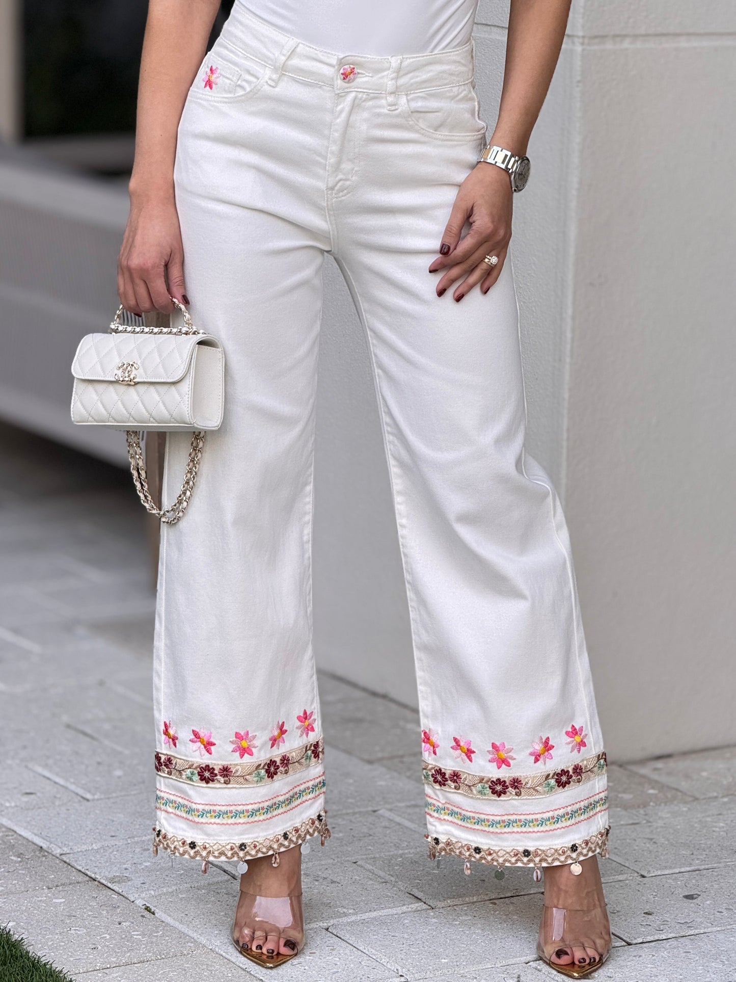 French White Multi Embroidery Bottom Jeans