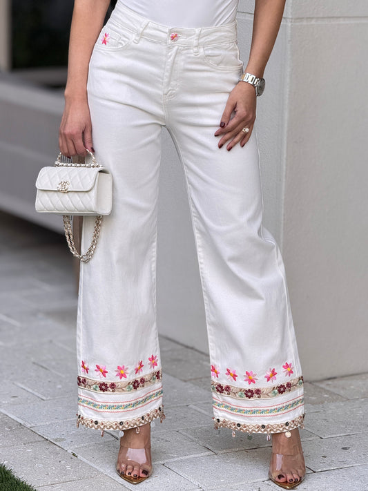 French White Multi Embroidery Bottom Jeans