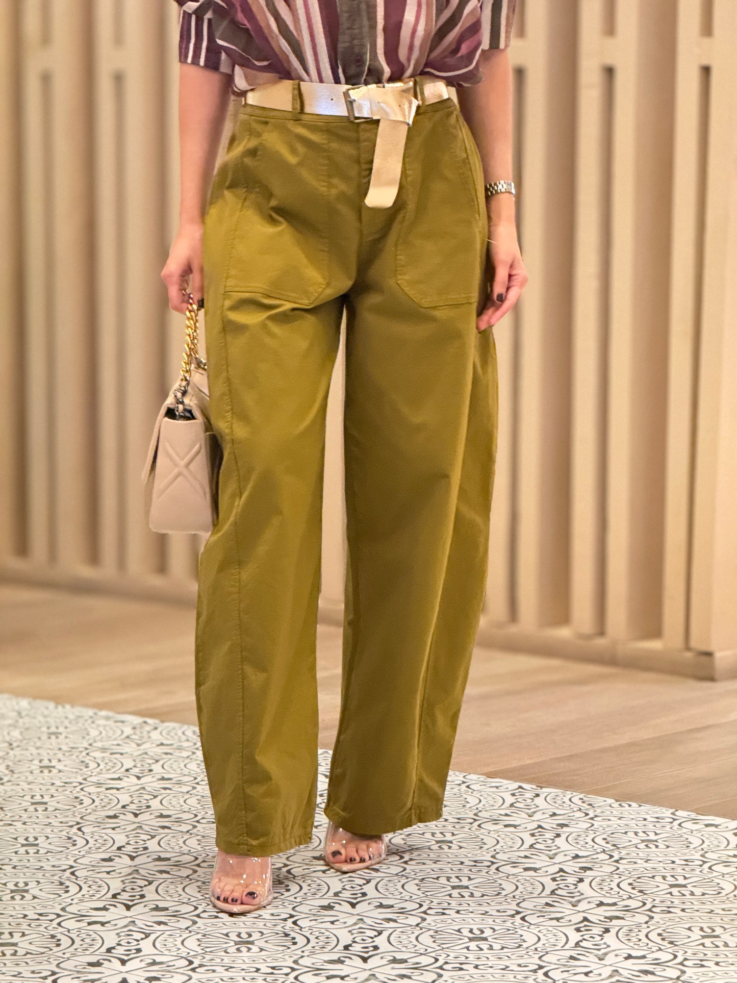 Italy Green/Gold Belt Barrel Pants