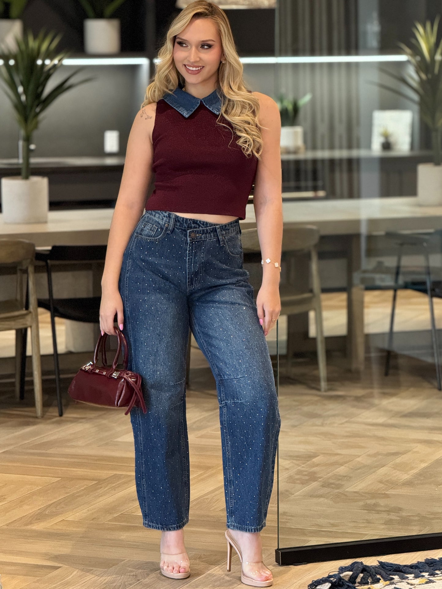 Kiwi Denim Rhinestone Barrel Jeans