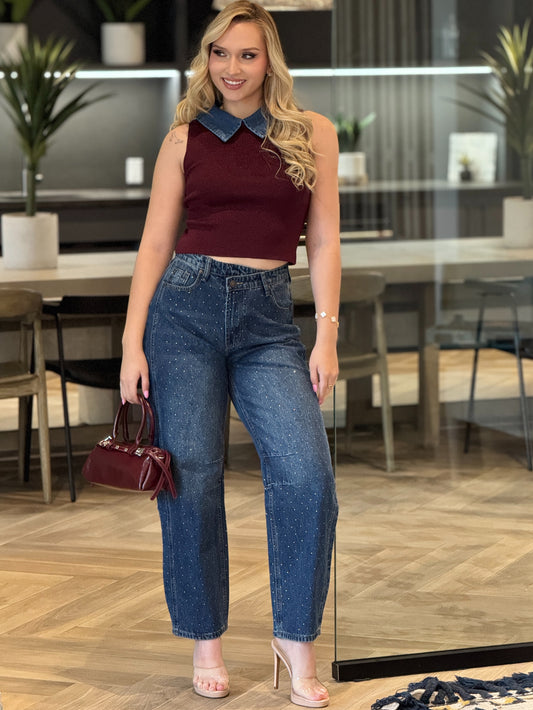 Kiwi Denim Rhinestone Barrel Jeans