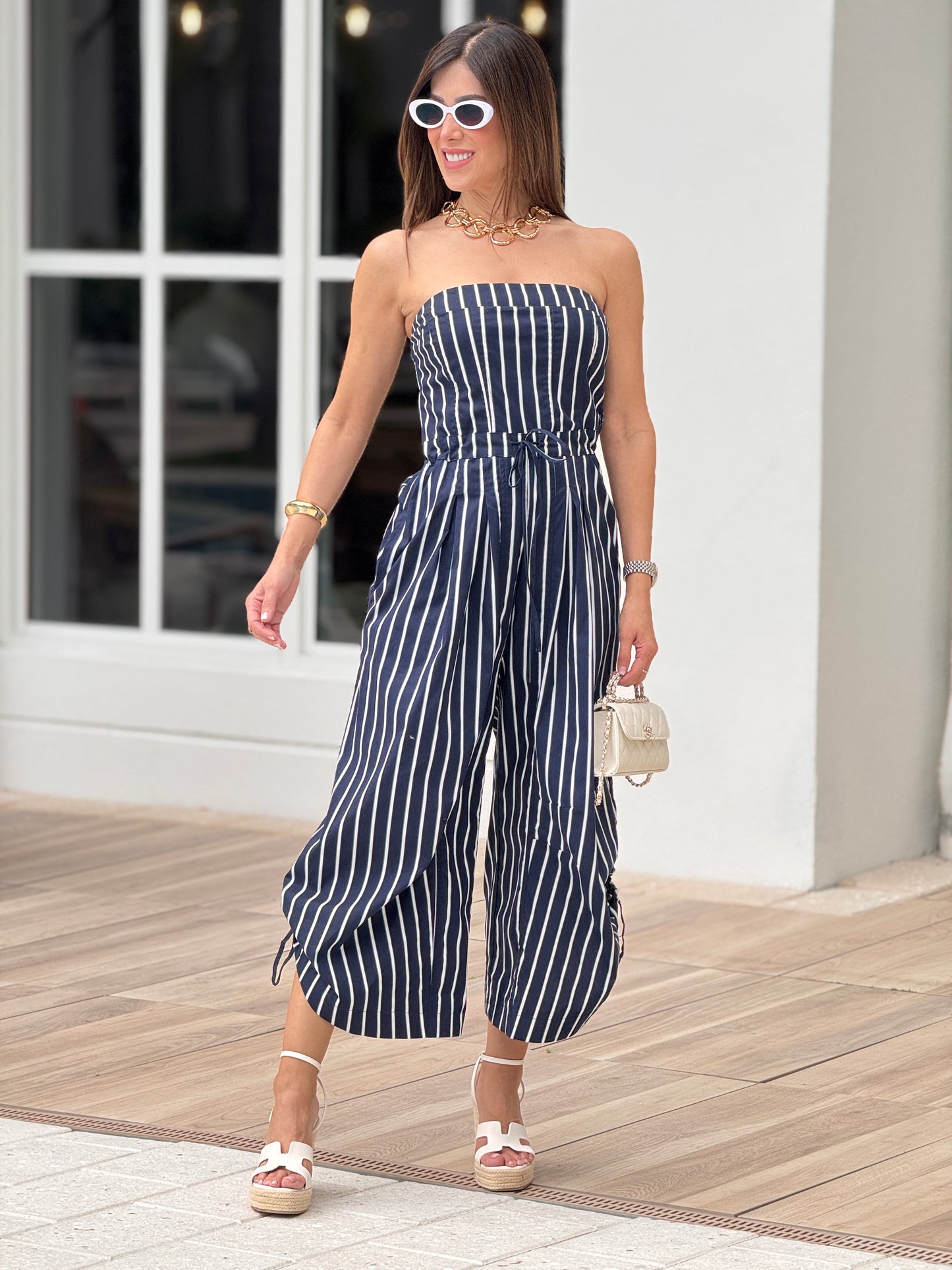 Kelsie Navy Lines Strapless Jumpsuit