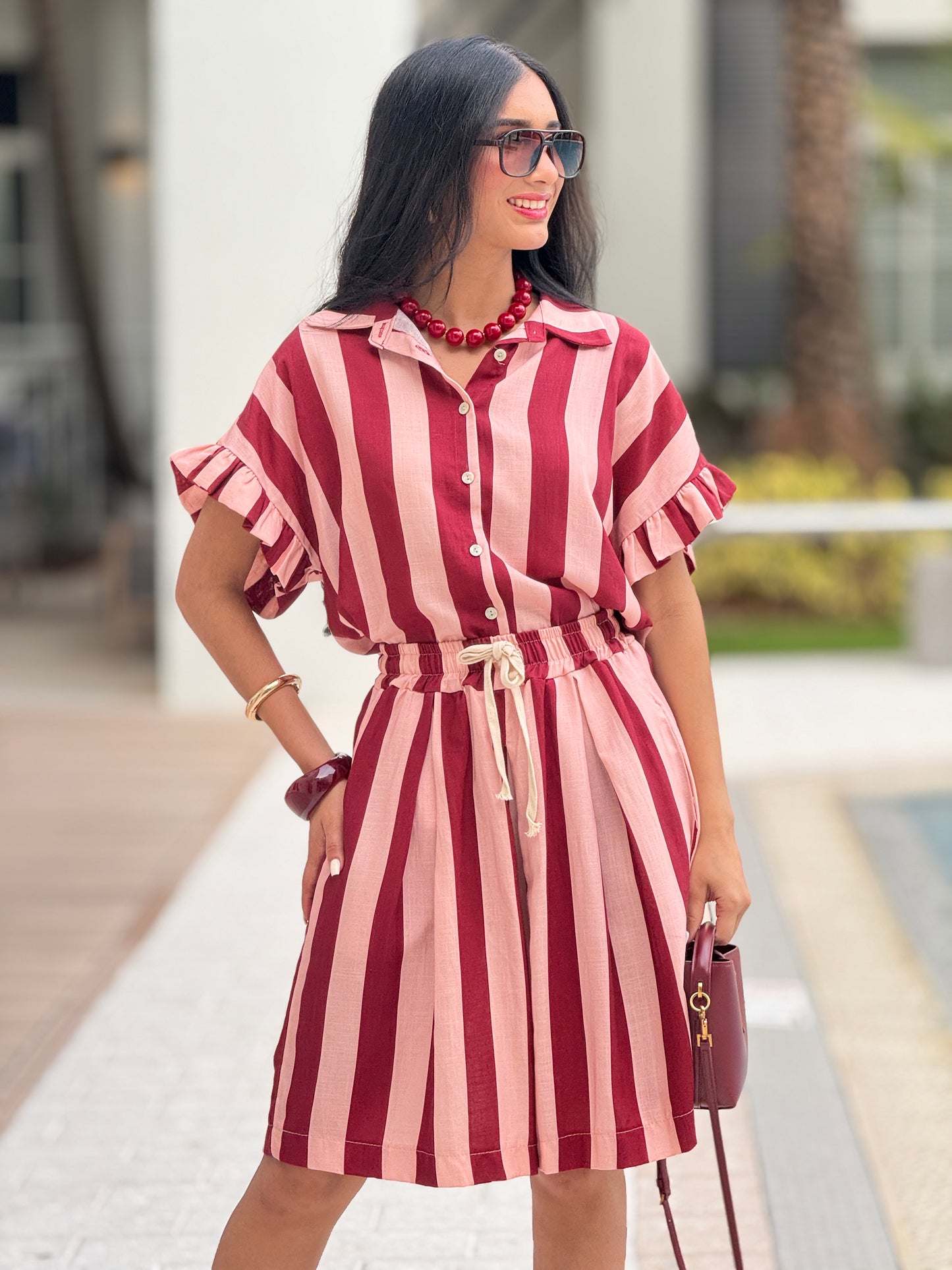 Italy Pink/Burgundy Ruffle Linen Lines Set
