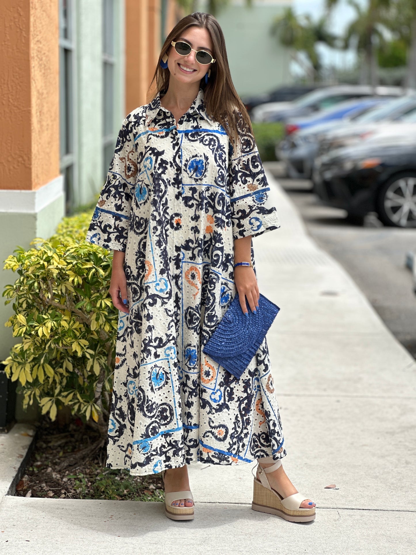 Roma Blue/Orange Eyelet Italian Dress