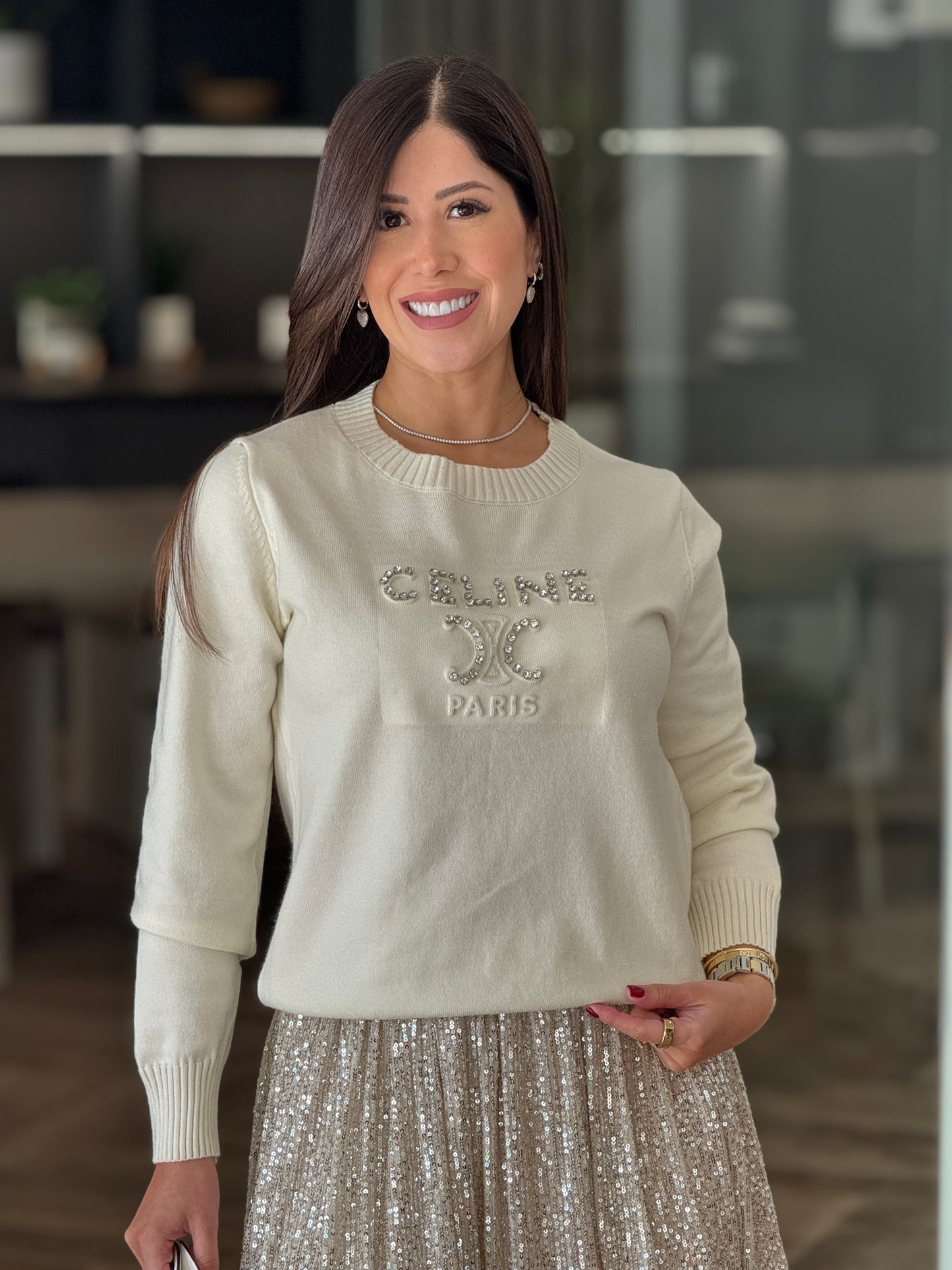 Celi Beige Rhinestone Sweater Top