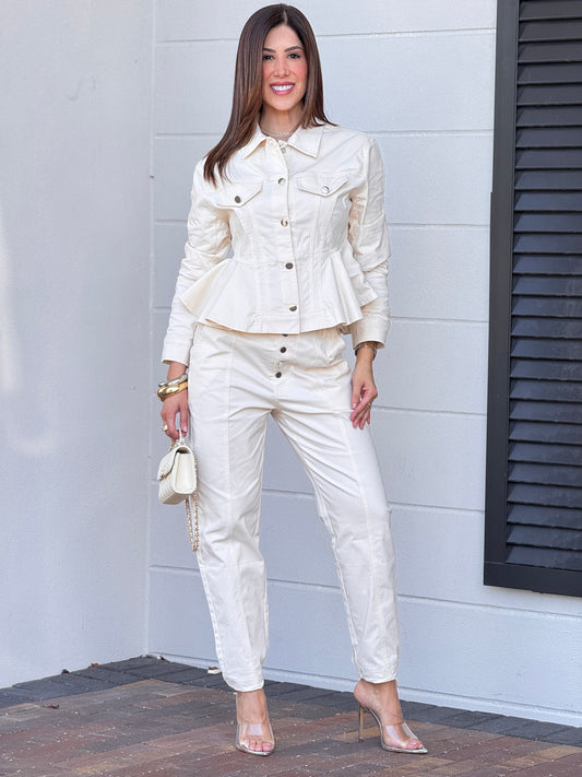 Basilea White/Silver Buttons Peplum Set