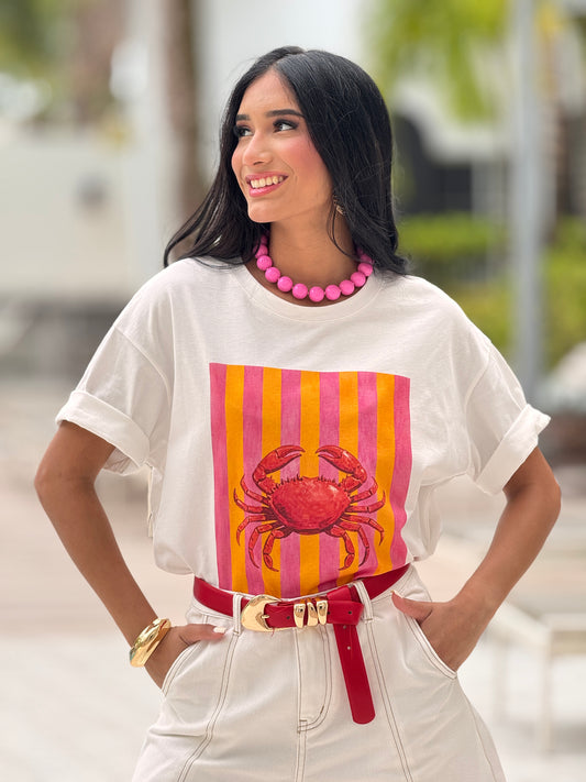 Crab Pink/Yellow Lines White T-Shirt