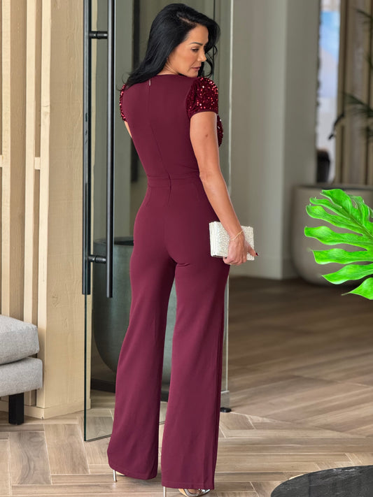 Norkys Burgundy Sequin Jumpsuit Gala