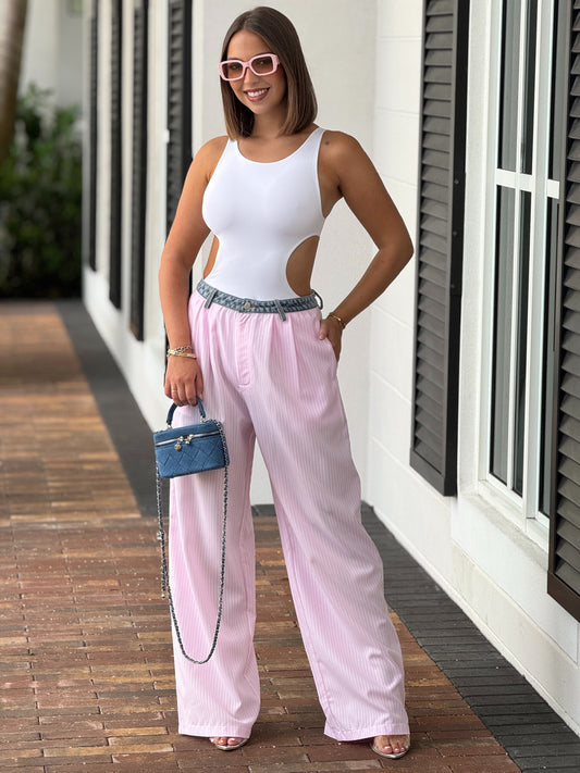 Mimosa Pink Lines Denim Waistband Pants