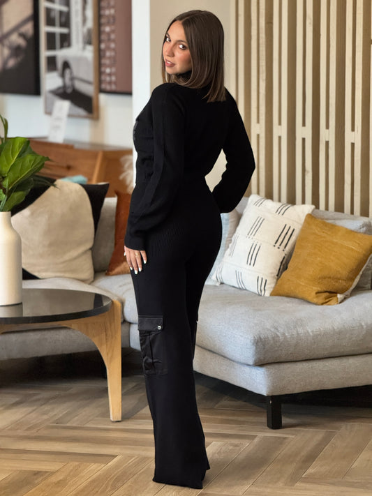 Rivera Black Knitted/Satin Sport Set