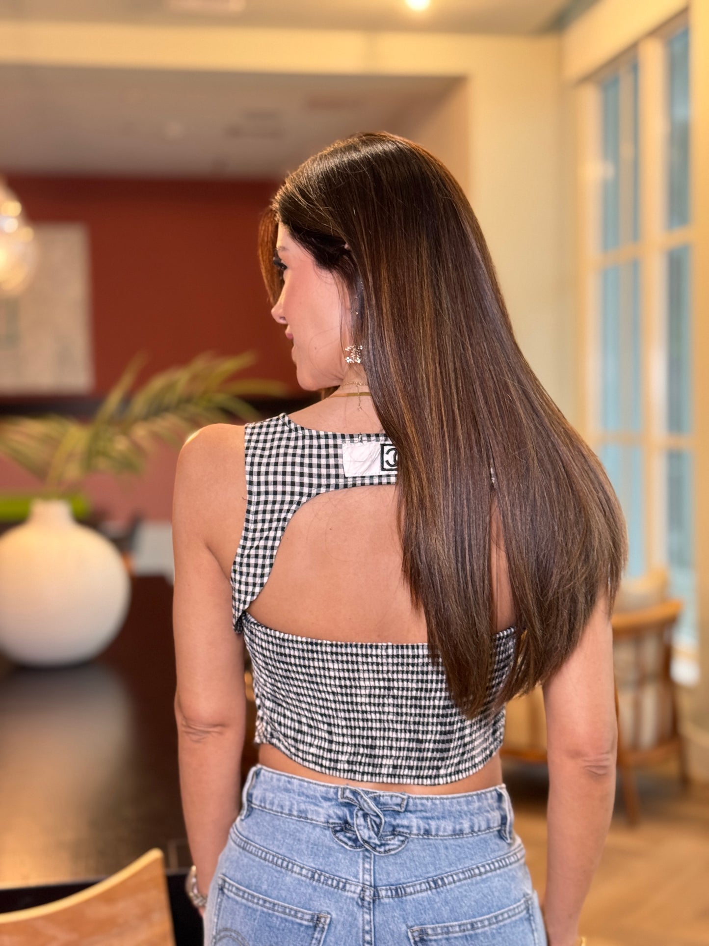 Cece Black&White Plaid Top