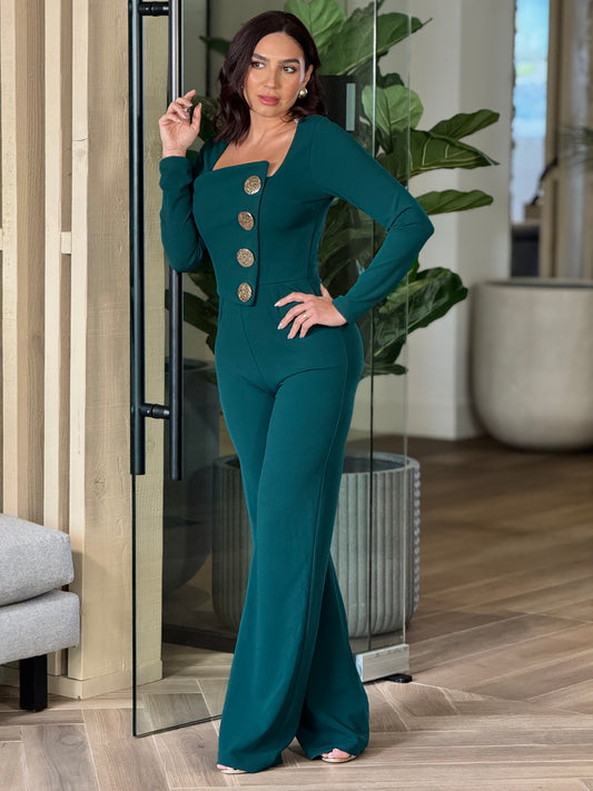 Astrid Green Gold Buttons Jumpsuit Gala