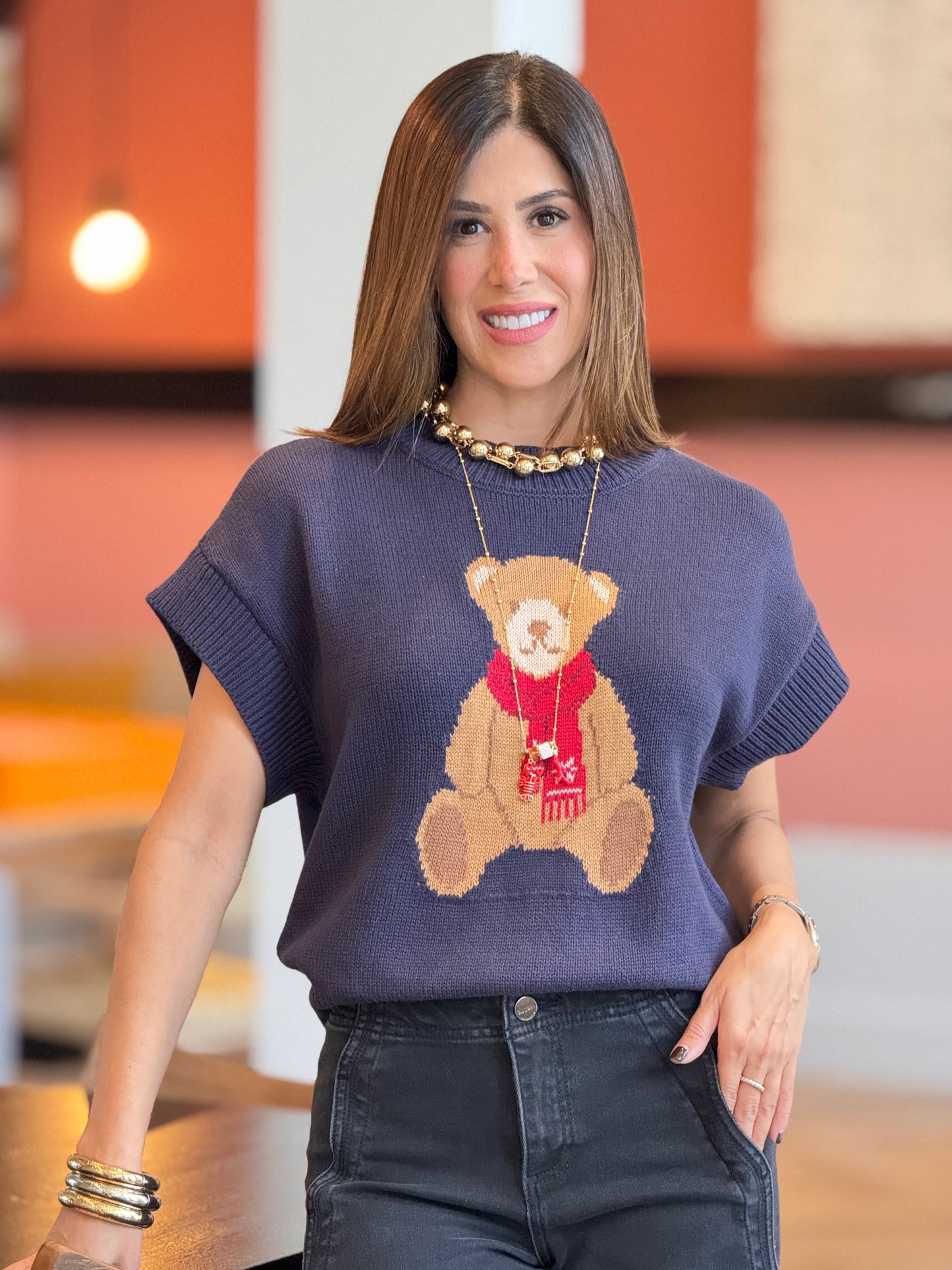 Beary Navy (Red Scarf) Sweater Top
