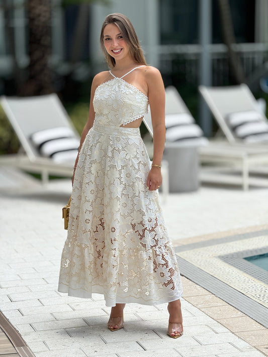 Adriana Beige Cutout Torchon Dress