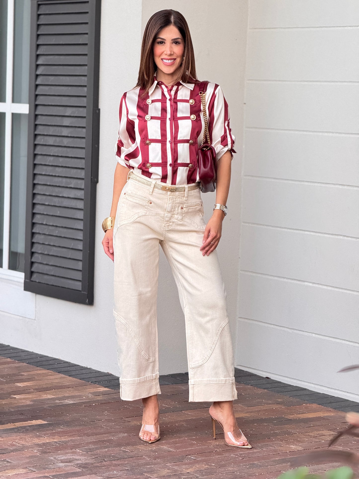Saige Beige Stitches Barrel Jeans