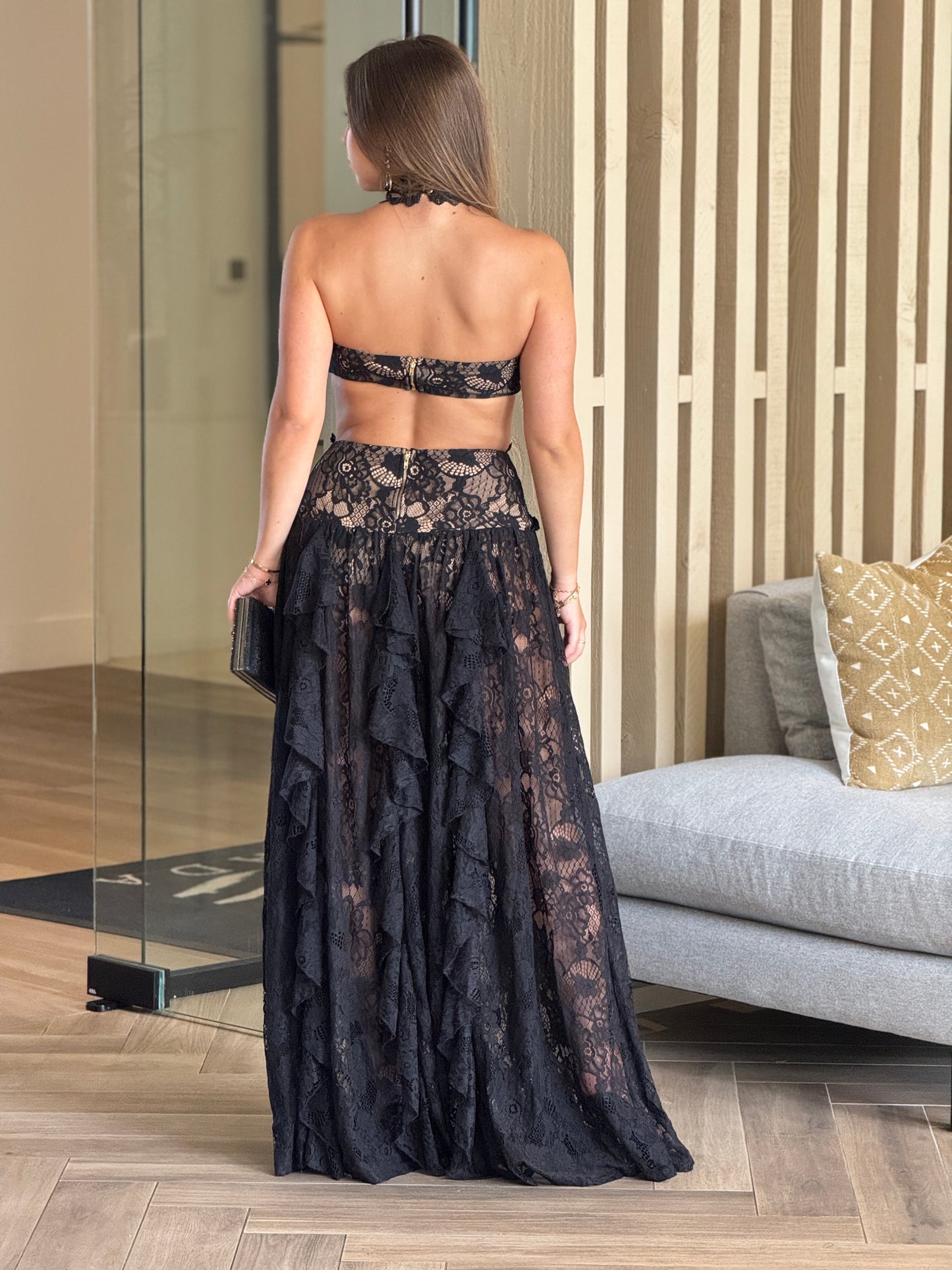 Aleska Black Lace Ruffle Dress Gala
