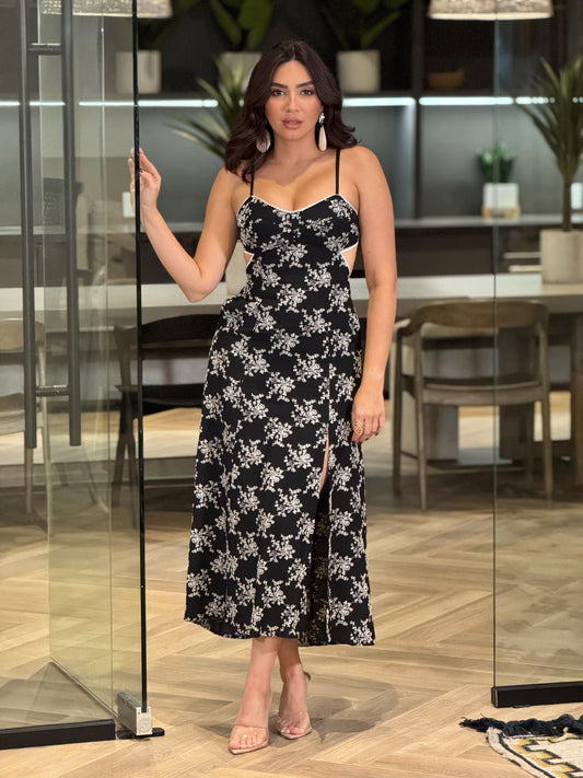 Alessia Black/White Cutout Print Floral Dress