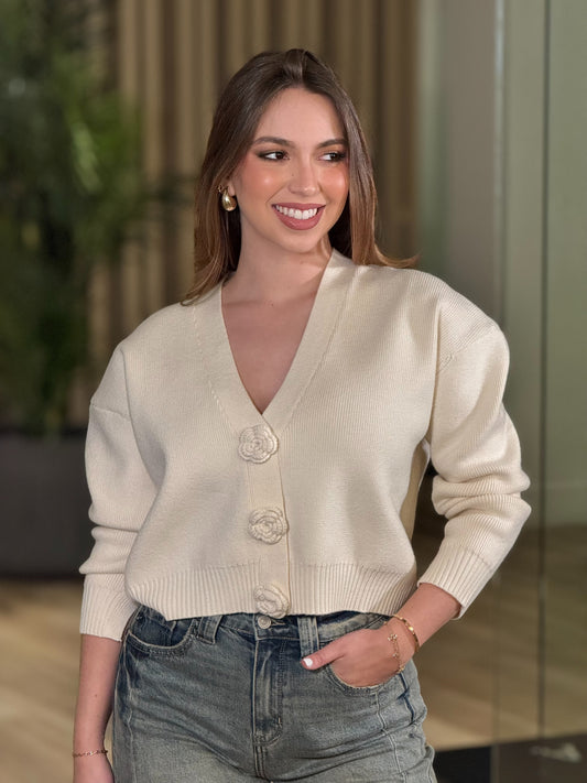 Caroline Beige 3D Flower Cardigan Top