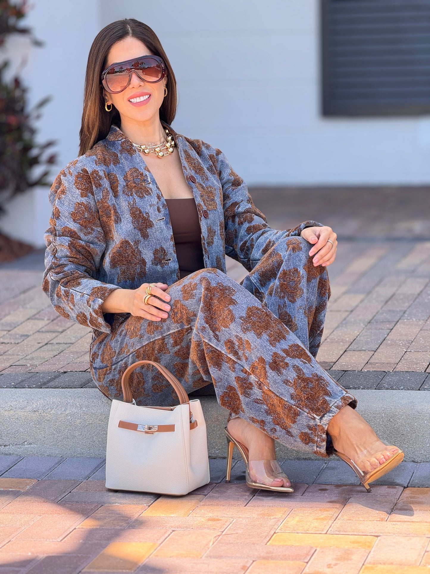 Perky Denim/Brown Suede Flowers Bomber Set