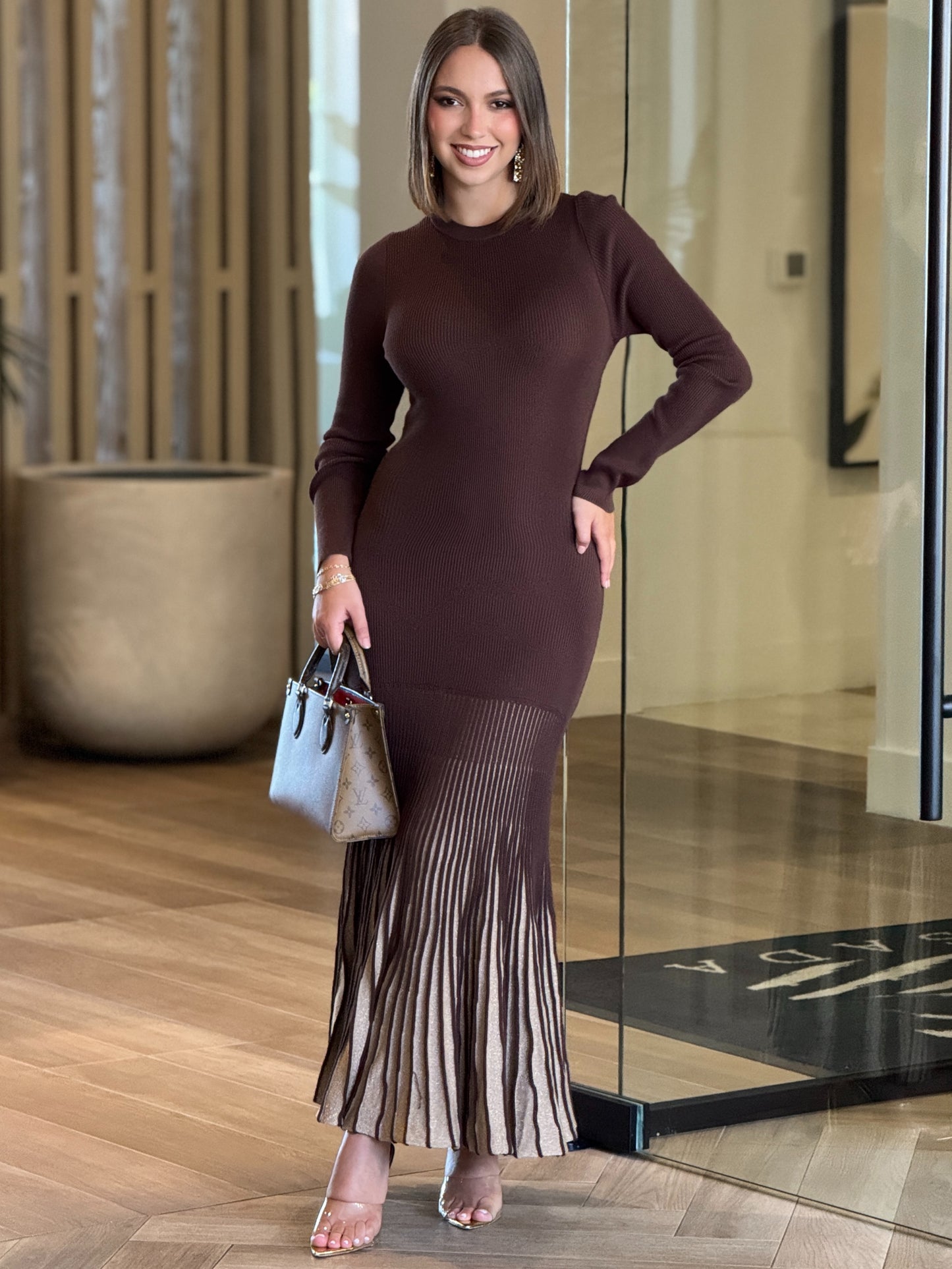 Genova Brown Knitted Pleated Dress