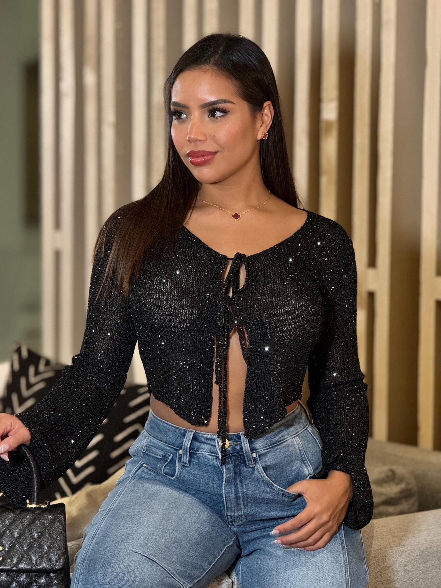 Daleska Black Sequin Bow Top