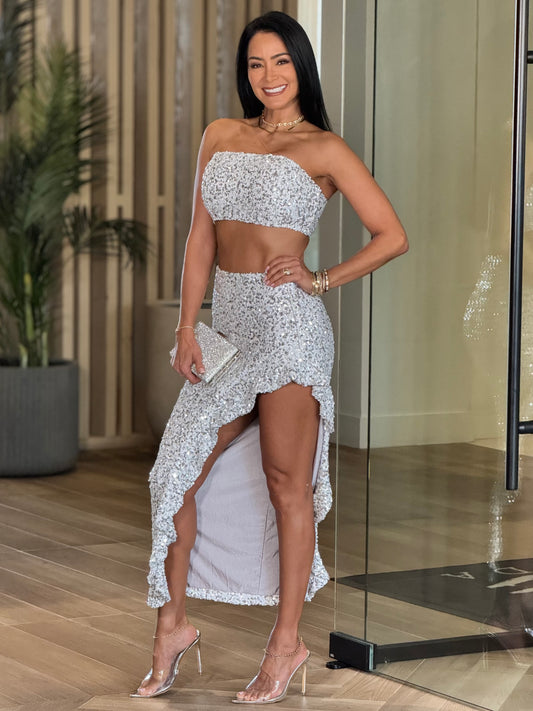 Norkys Silver Sequin Skirt Set Gala