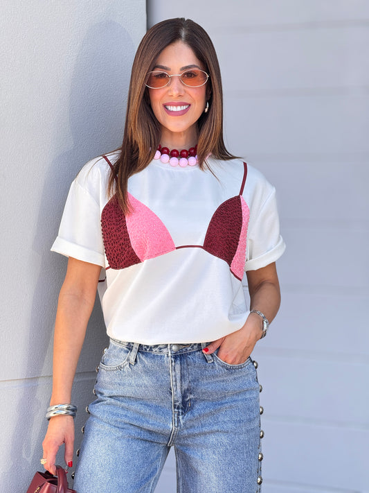 Brassier Embellished Pink/Burgundy T-Shirt