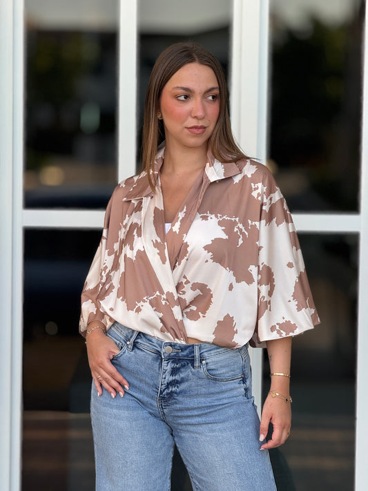 Cow Beige Print Satin Shirt