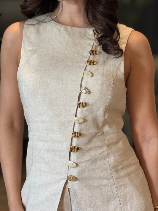 Cactus Beige Buttons Vest Set