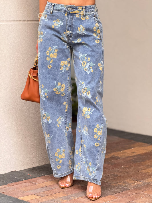 Liz Yellow Flowers Denim Jeans