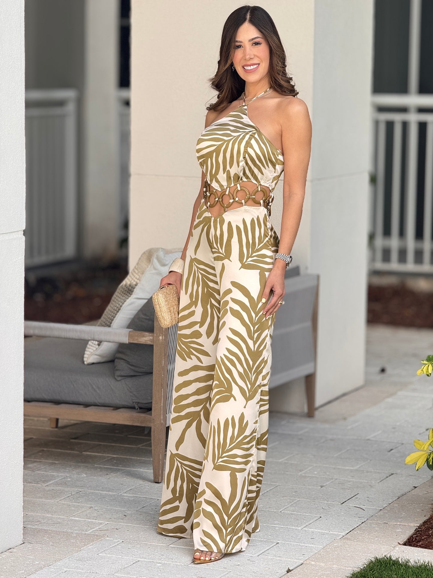 Cabo Olive Rings Satin Jumpsuit