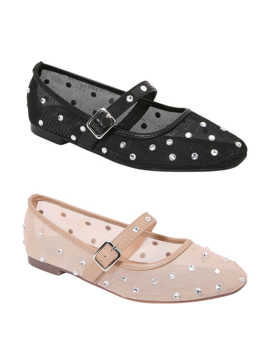 Janie Ballerinas Rhinestone Black & Beige Shoes