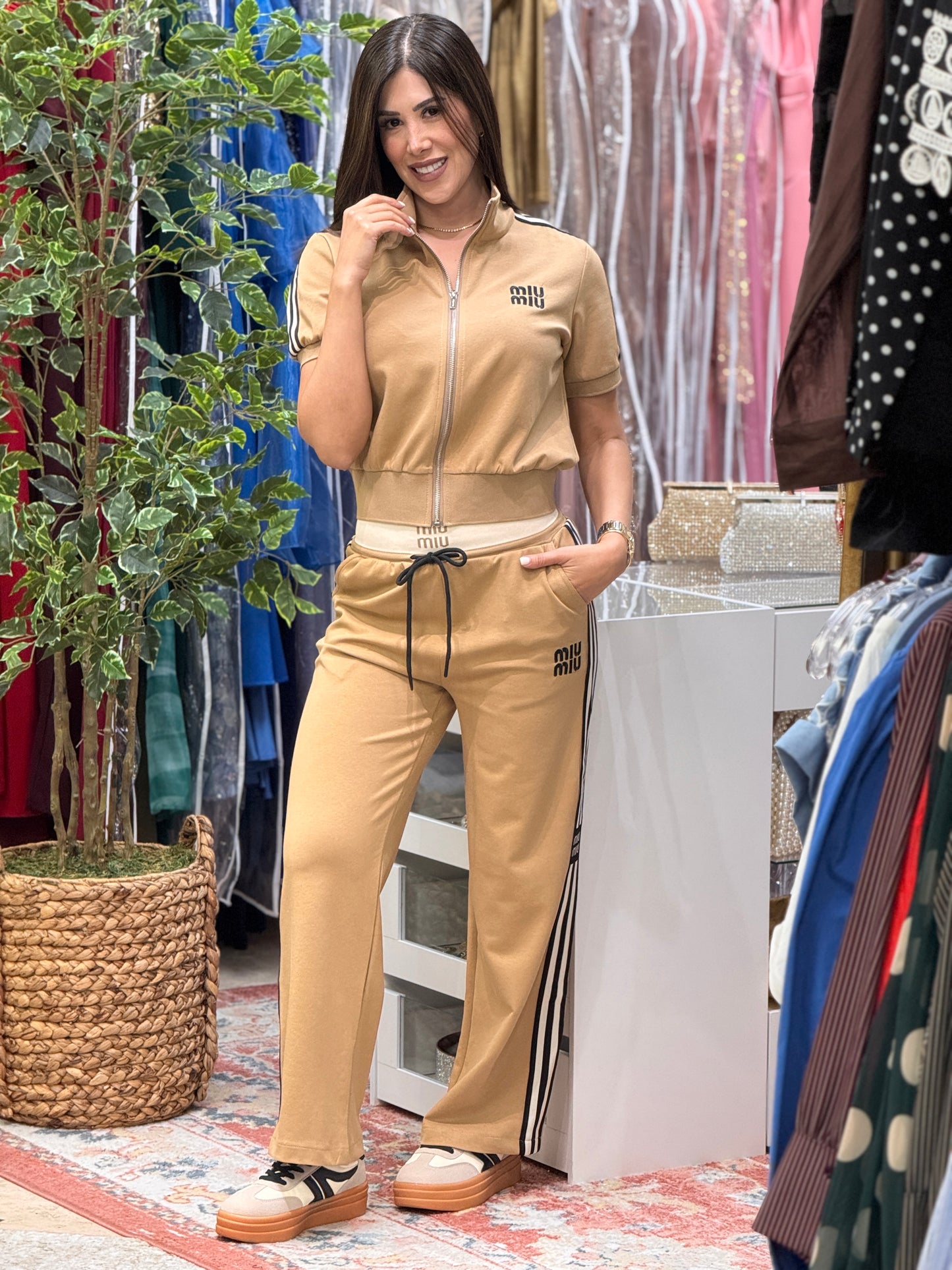 Miu Beige Lines Short Sleeve Sport Set