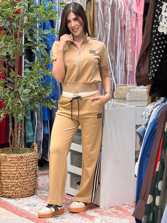 Miu Beige Lines Short Sleeve Sport Set