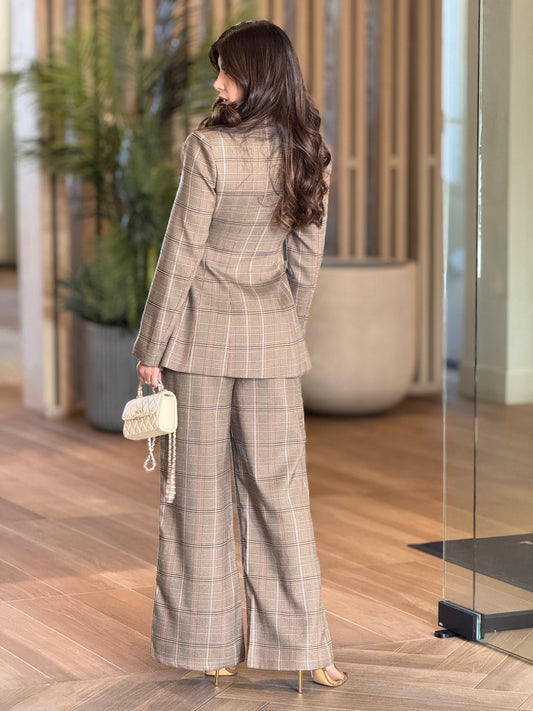 London Brown Plaid Blazer Cutout Set