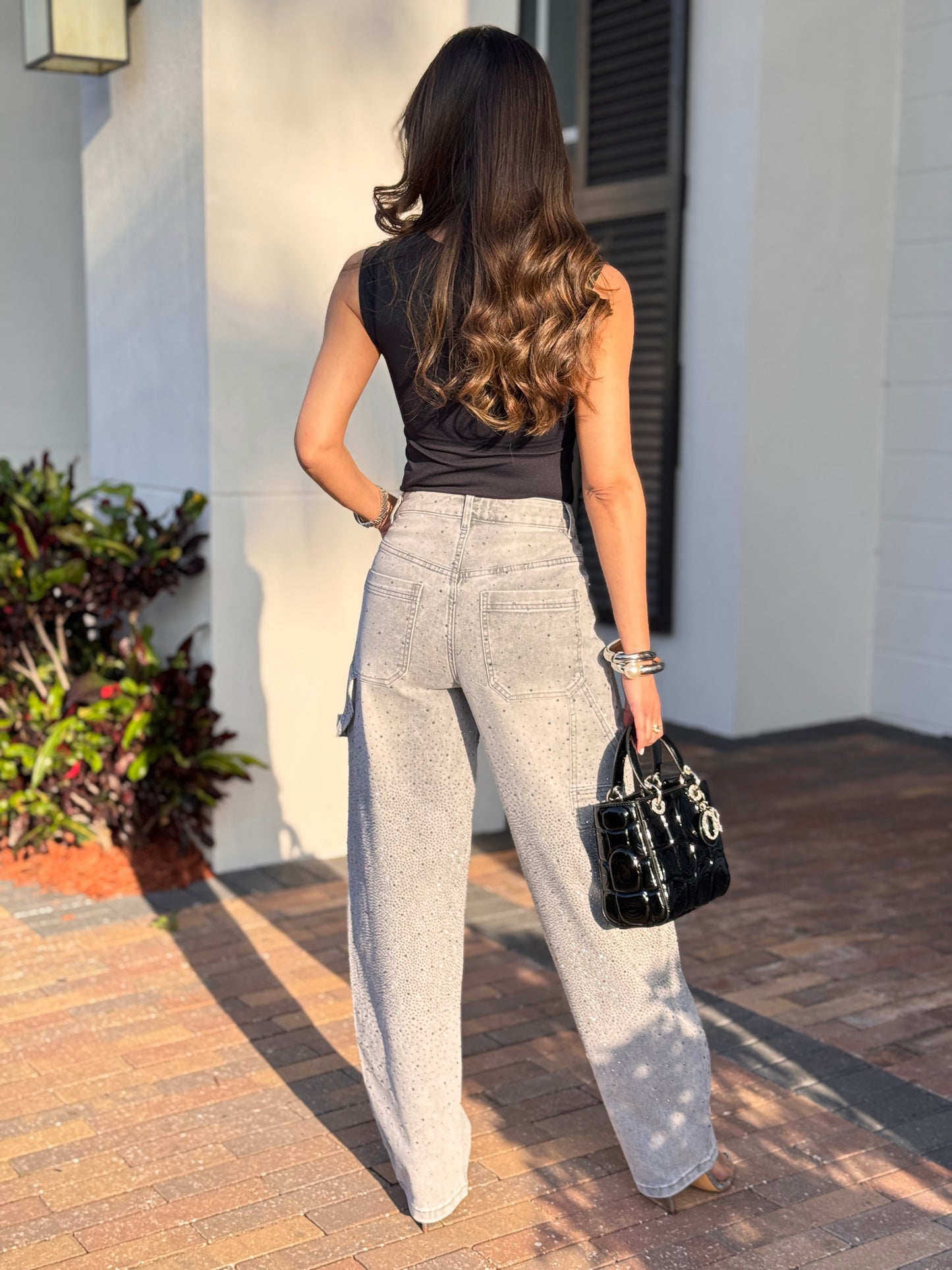 Jour Gray Rhinestone Barrel Jeans