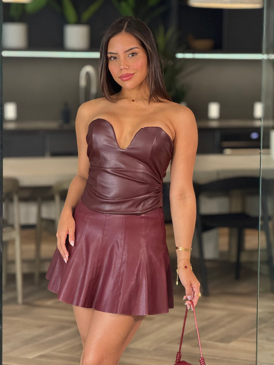 Angelica Burgundy Leather Skirt Set