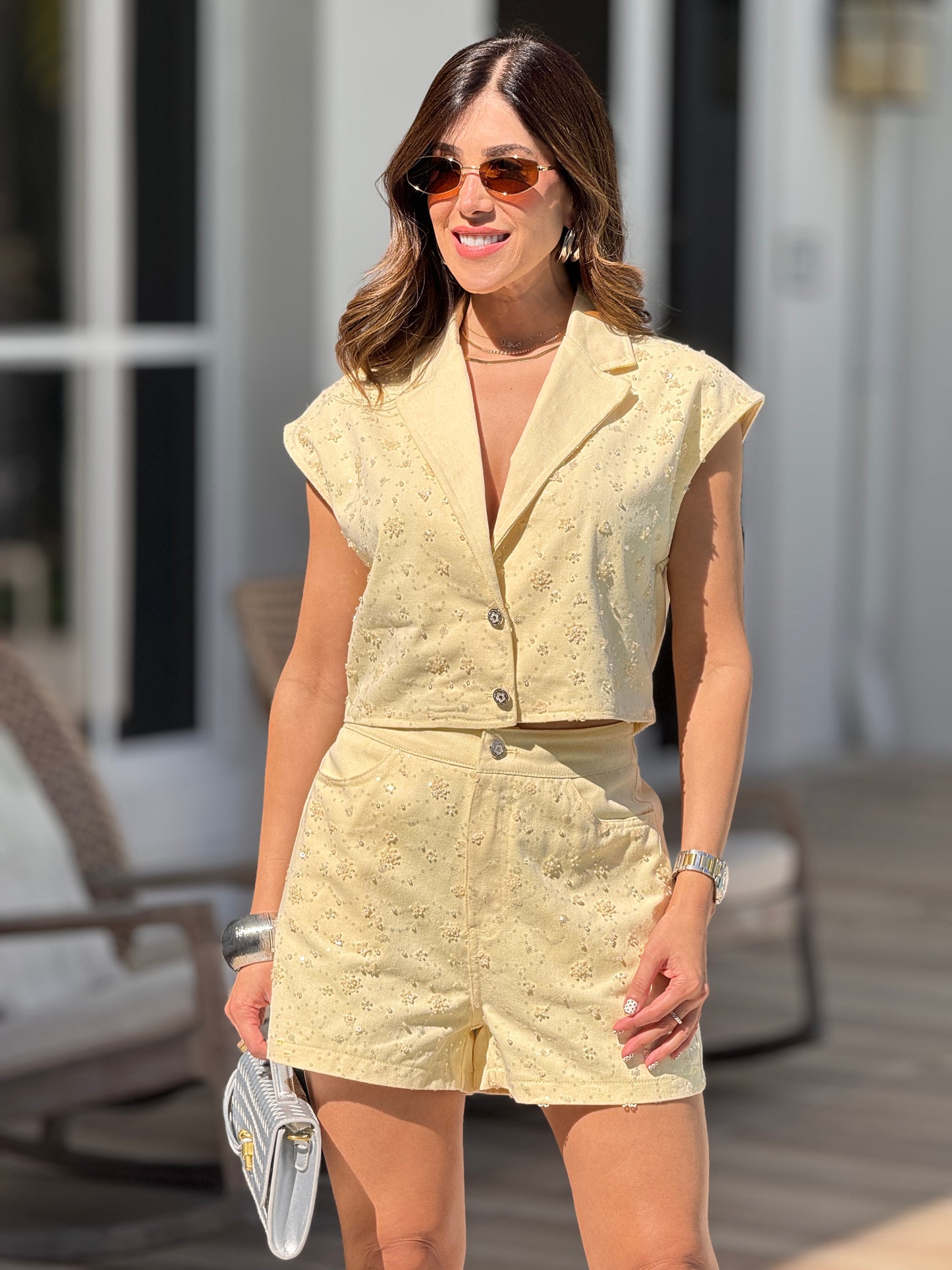 Erika Yellow Embellished Denim Short Set