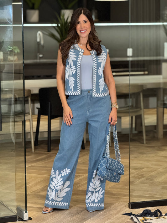Botanical Blue Embroidery Vest Set