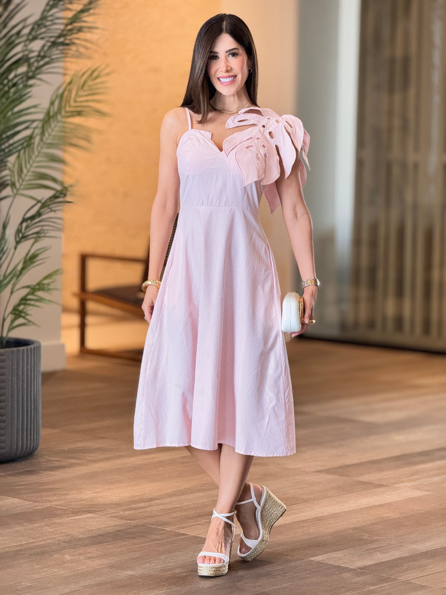 Leave Pink/White Lines Midi Dress