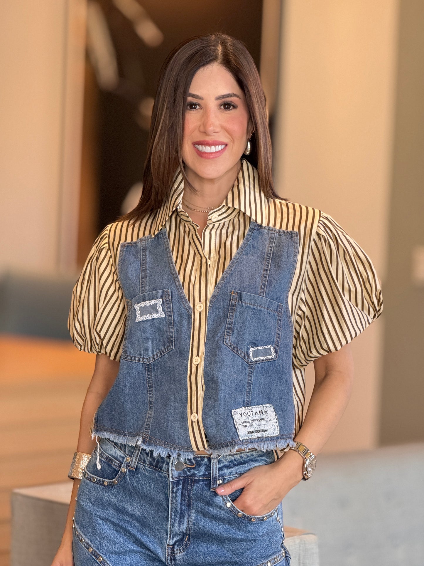 Justy Denim/Yellow Lines Shirt Top