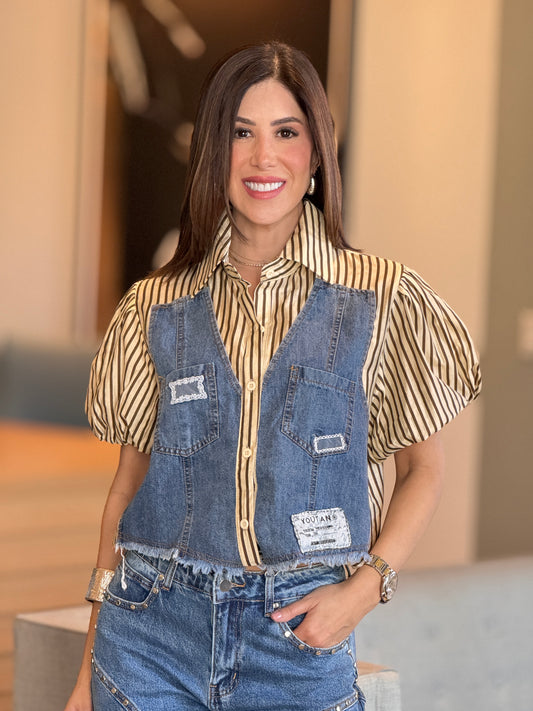 Justy Denim/Yellow Lines Shirt Top