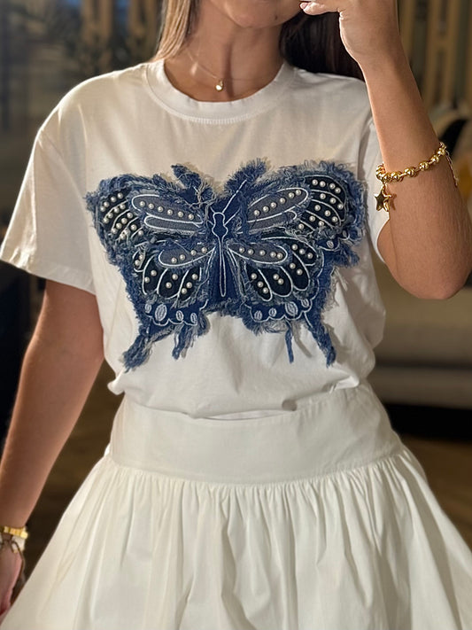 Butterfly White Denim T-Shirt