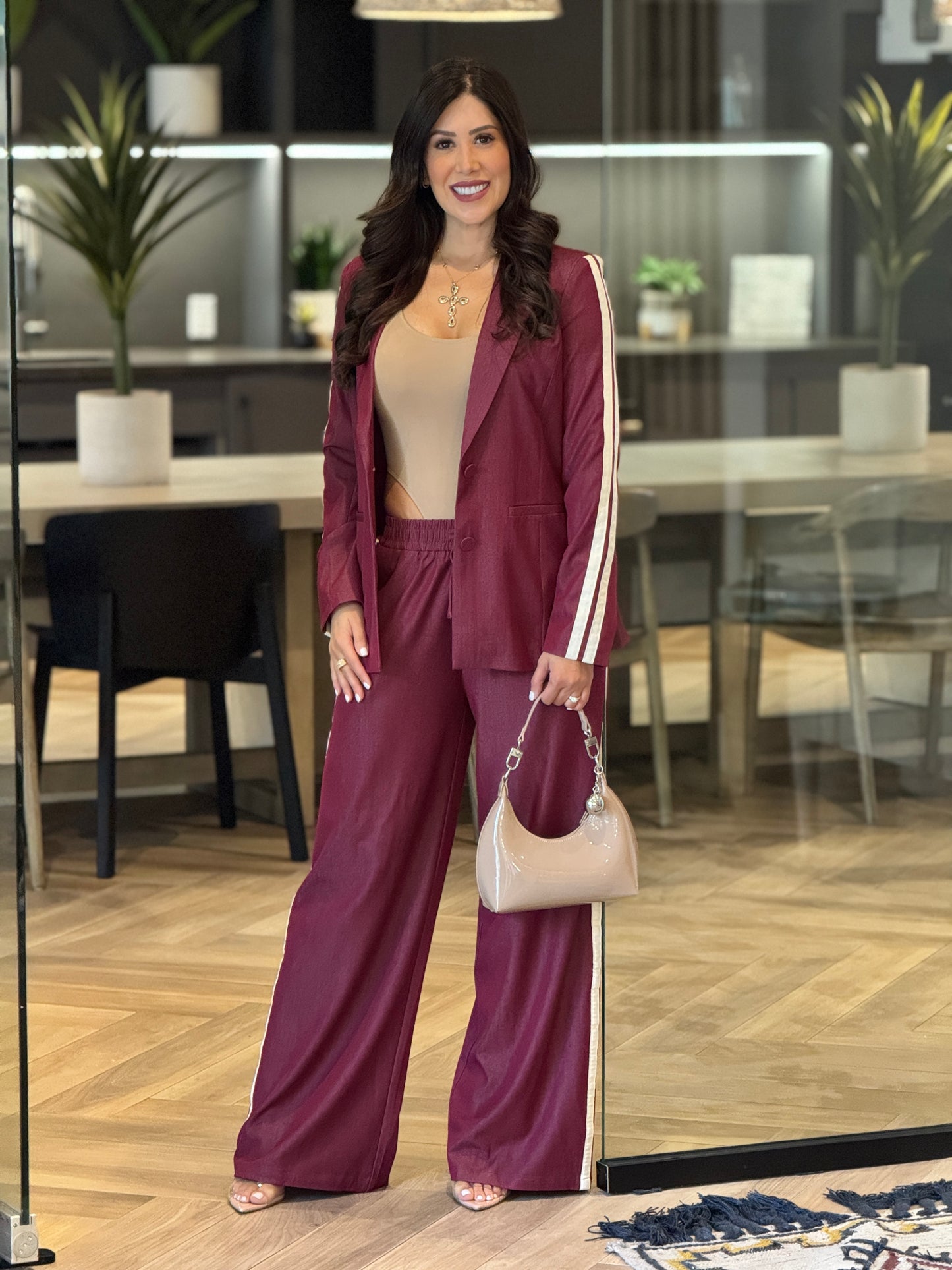 Ovianca Burgundy Lines Blazer Set