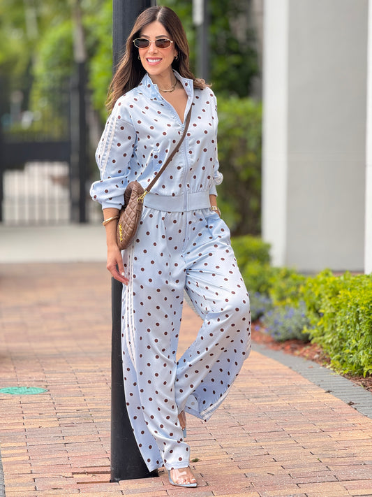 Perky Blue Satin Polka Dots Set