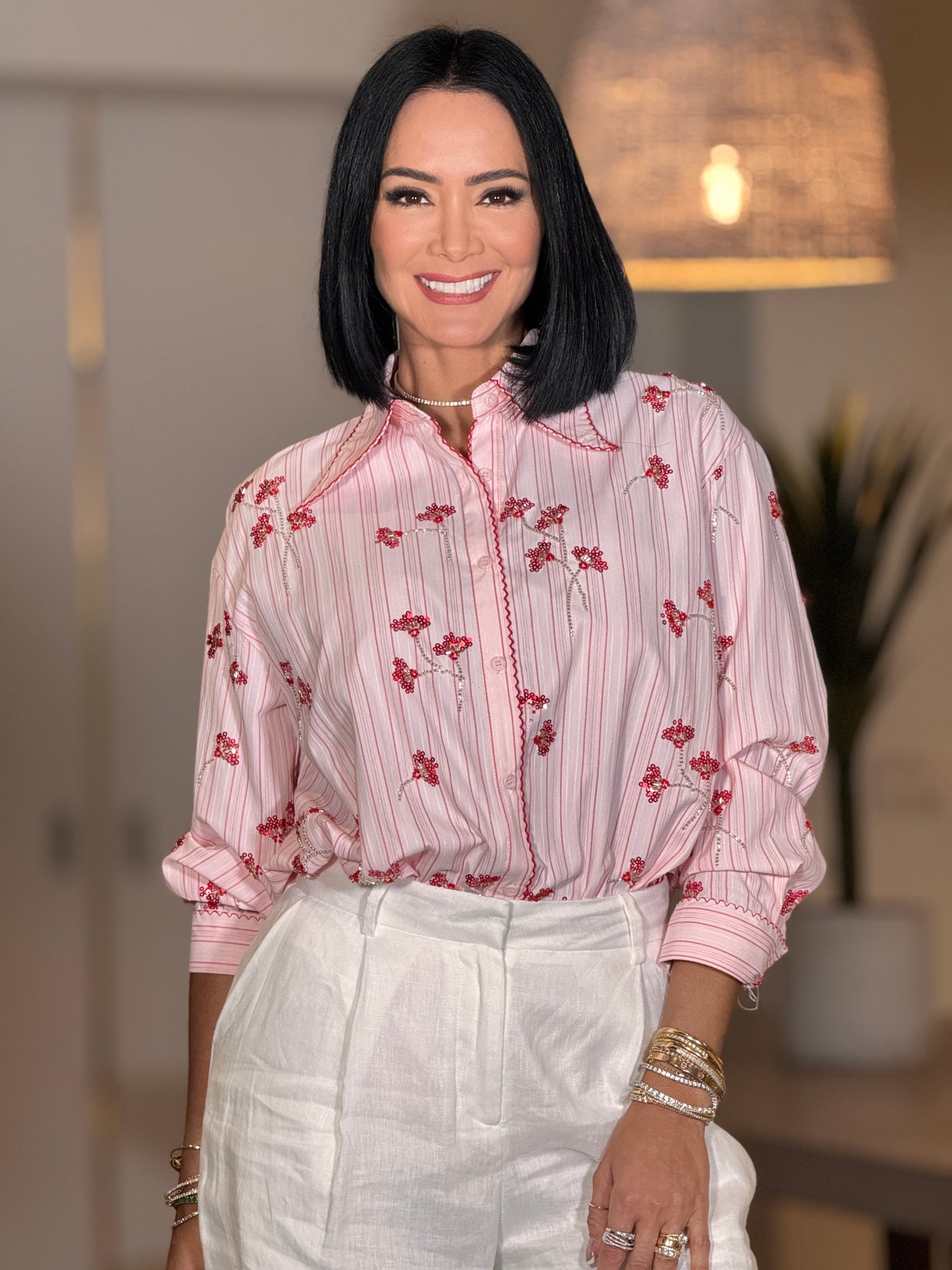 Gaia Pink/Red Lines Rhinestone Shirt Top
