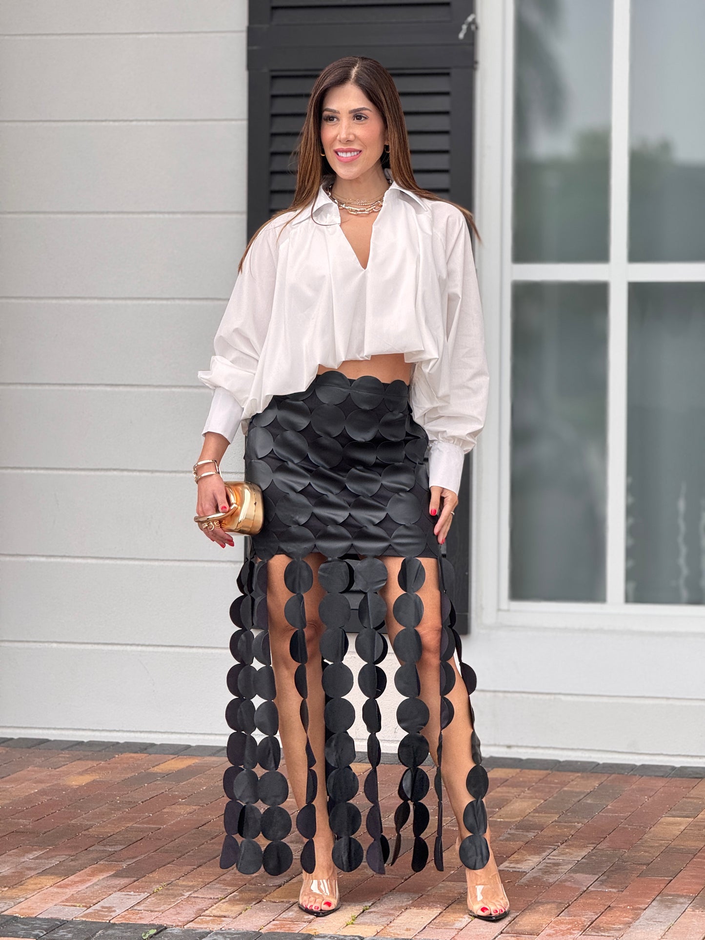Chic White/Black Leather Skirt Set